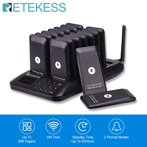 Retekess TD157 Restaurant Pager Buzzer Wireless Call 16 Coaster Receiver For Coffee Food Court Church Nurse Clinic Queue System